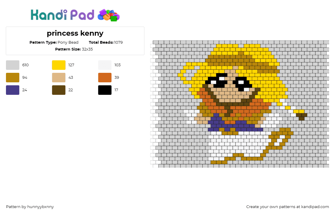 princess kenny - Pony Bead Pattern by hunnyybxnny on Kandi Pad - kenny mccormick,south park,princess,character,funny,tv show,animation,panel,blon