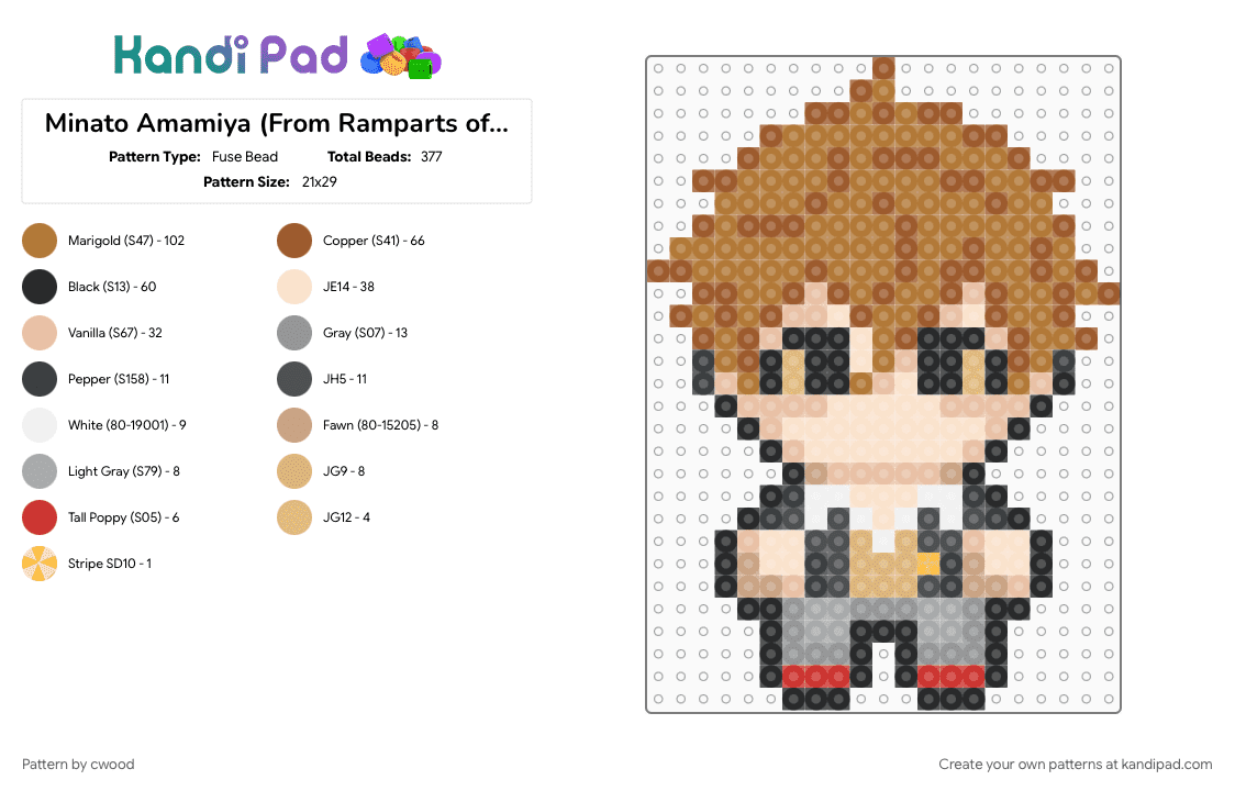Minato Amamiya (From Ramparts of Ice - Fuse Bead Pattern by cwood on Kandi Pad - amamiya, anime, beige, character, minato, rampartsofice, tan