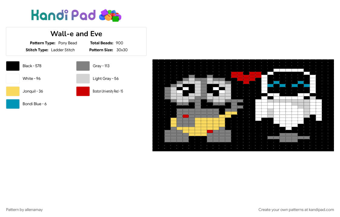 Wall-e and Eve - Pony Bead Pattern by allenamay on Kandi Pad - black, cartoon, gray, walle, white