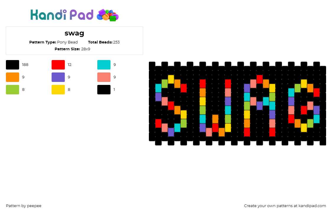 swag - Pony Bead Pattern by peepee on Kandi Pad - swag,text,rainbow,cuff,dark,black,colorful