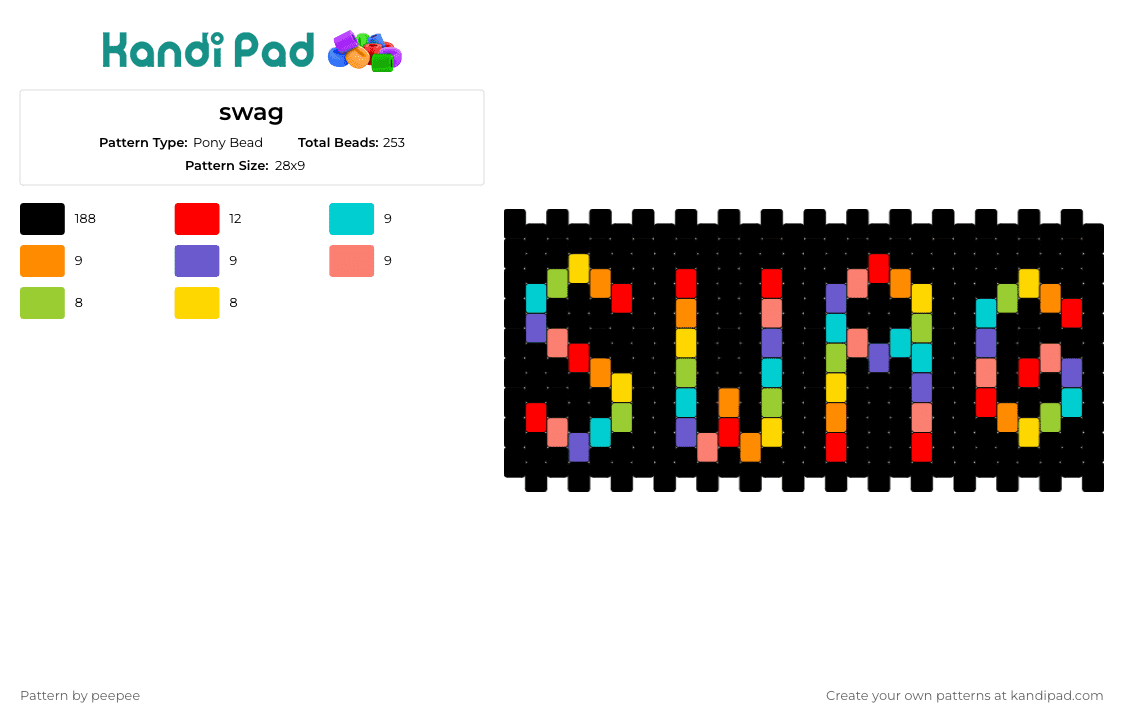 swag - Pony Bead Pattern by peepee on Kandi Pad - swag,text,rainbow,cuff,dark,black,colorful