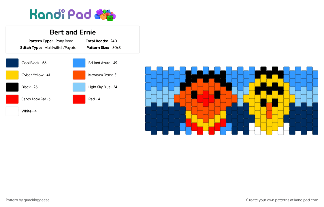Bert and Ernie - Pony Bead Pattern by quackinggeese on Kandi Pad - blue, character, light blue, muppet, sesame street, tv show, yellow
