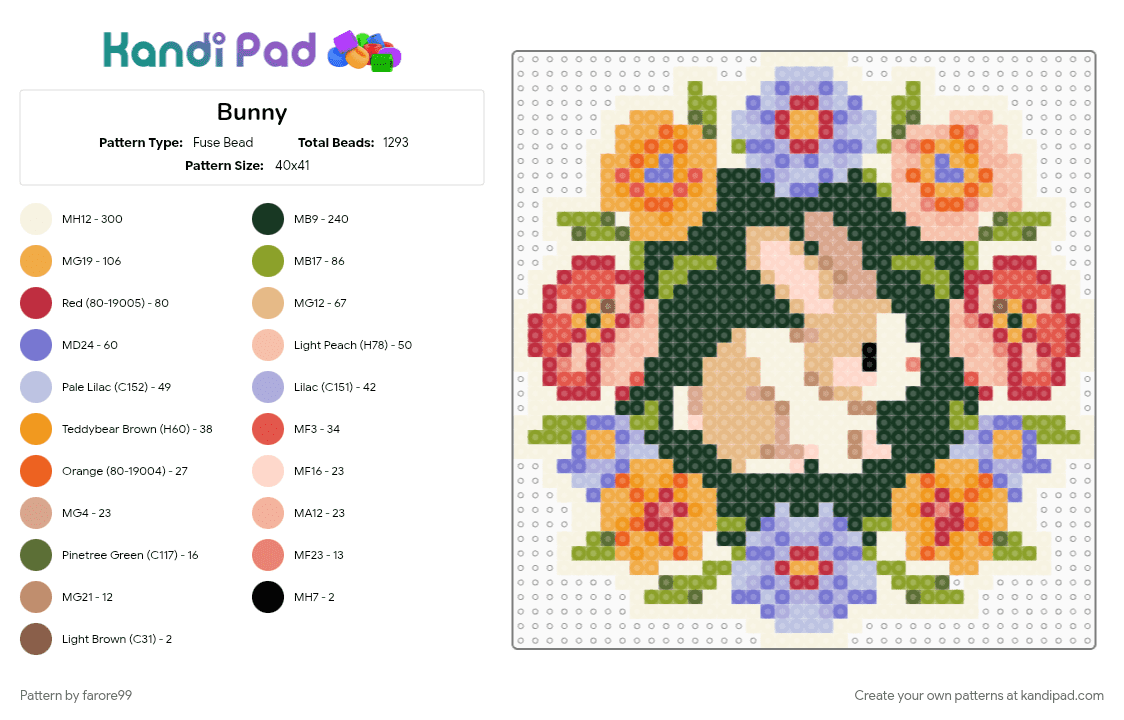 Bunny - Fuse Bead Pattern by farore99 on Kandi Pad - beige, bunny, colorful, green, pan, red
