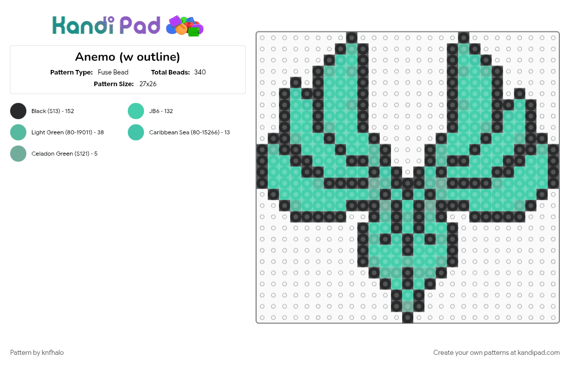 Anemo (w outline) - Fuse Bead Pattern by knfhalo on Kandi Pad - black, genshin, genshin impact, teal