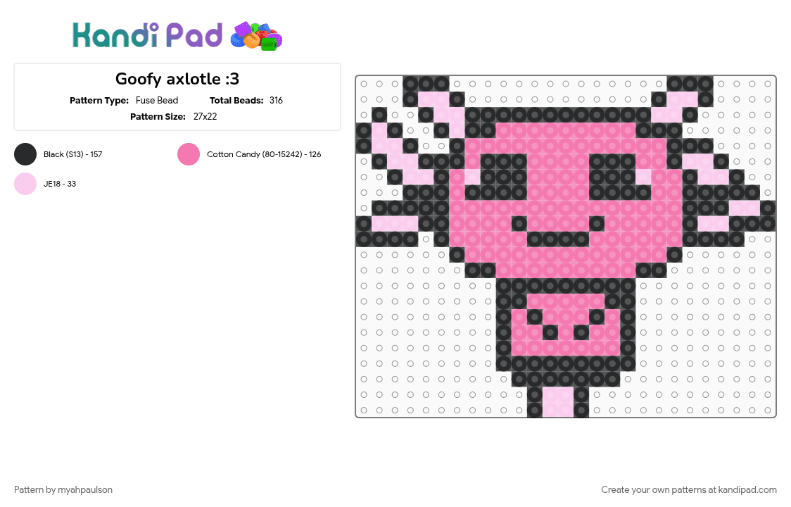 Goofy axlotle :3 - Fuse Bead Pattern by myahpaulson on Kandi Pad - black, pink
