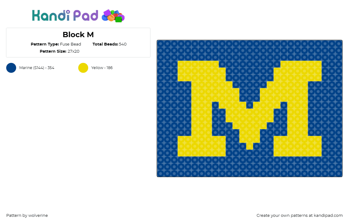 Block M - Fuse Bead Pattern by wolverine on Kandi Pad - michigan,logo,text,bold,m,yellow,blue