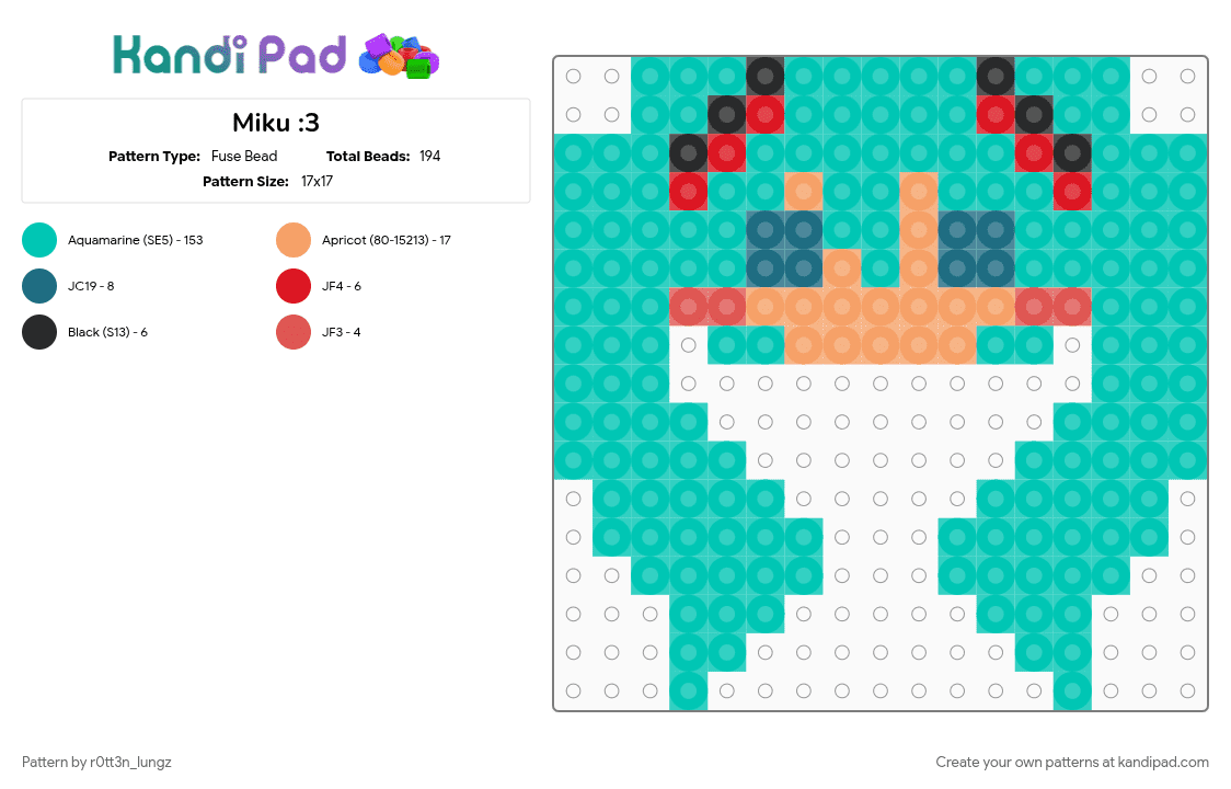Miku :3 - Fuse Bead Pattern by r0tt3n_lungz on Kandi Pad - hatsune miku, music, teal, vocaloid
