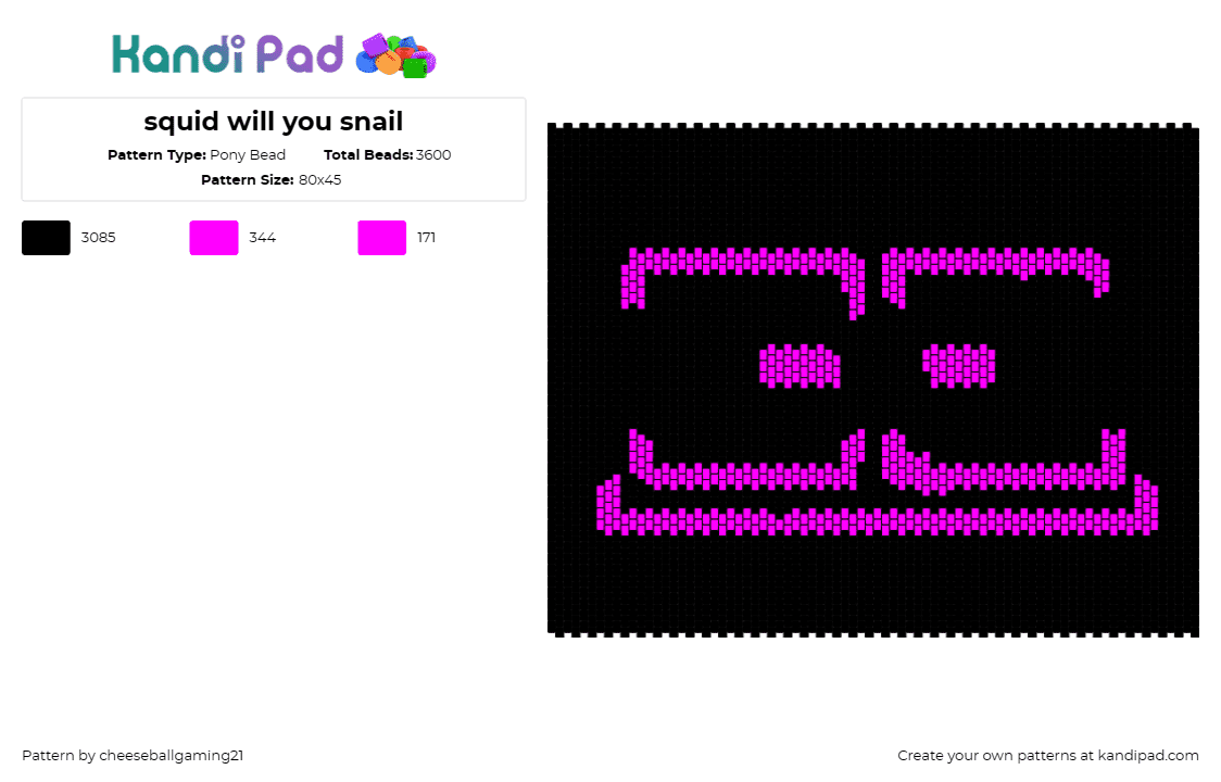 squid will you snail - Pony Bead Pattern by cheeseballgaming21 on Kandi Pad - squid,will you snail,emoticon,ai,robot,video game,villain,panel,eyes,pink,black