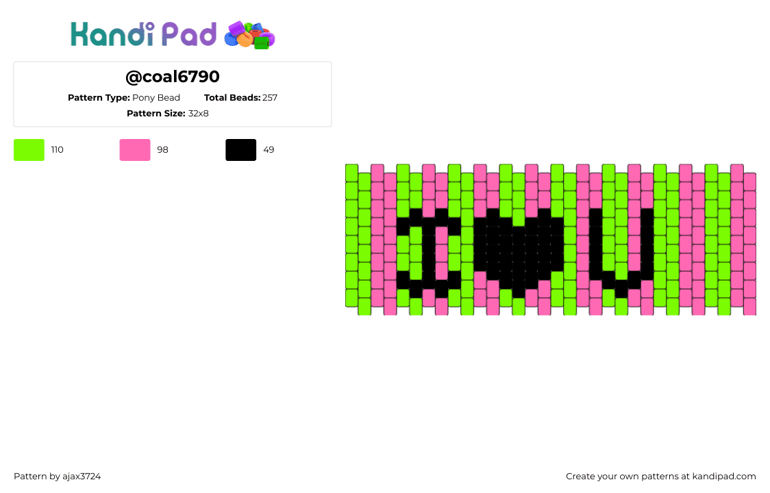 @coal6790 - Pony Bead Pattern by ajax3724 on Kandi Pad - scene,love,text,neon,cuff,vertical,stripes,pink,green,black