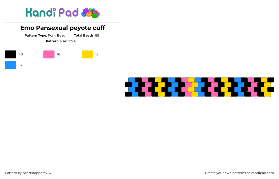 Emo Pansexual peyote cuff - Pony Bead Pattern by heartstopper3724 on Kandi Pad - pansexual,emo,pride,bracelet,cuff,pink,yellow,light blue,black