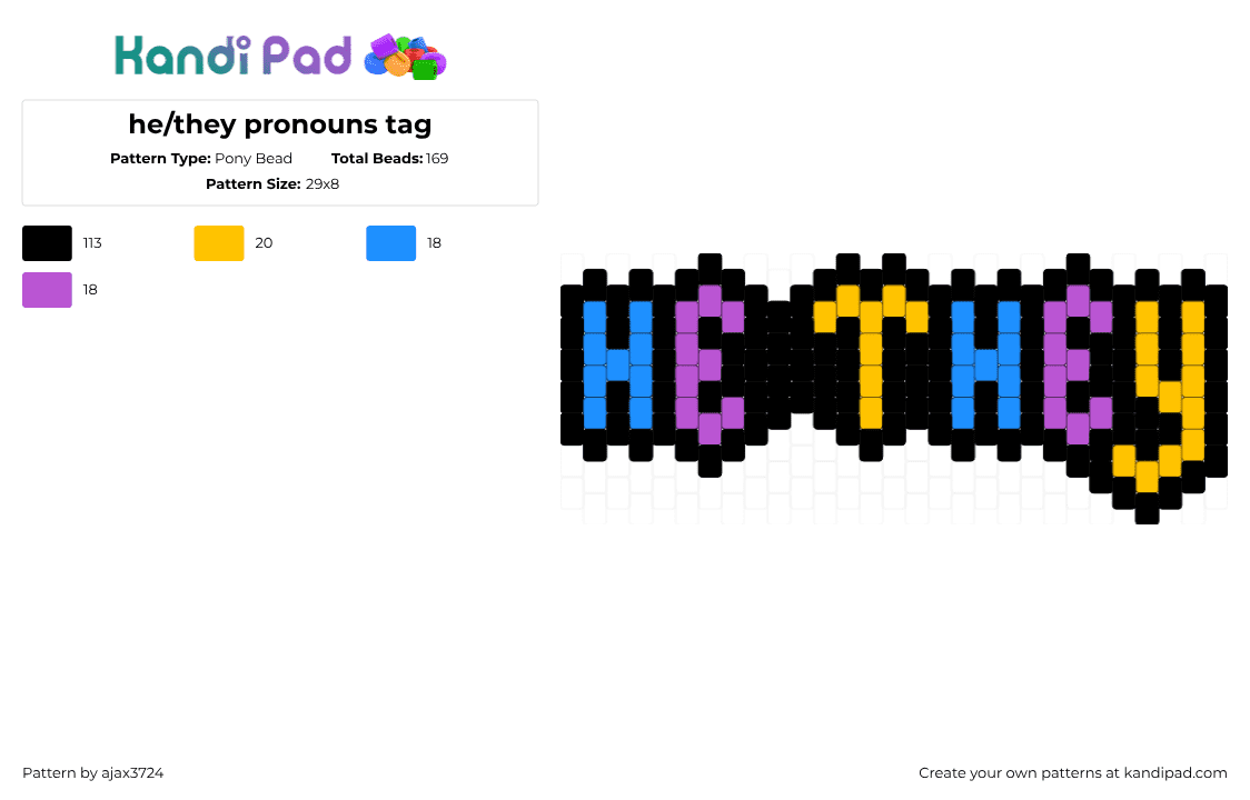 he/they pronouns tag - Pony Bead Pattern by ajax_3724 on Kandi Pad - black,light blue,pink,yellow