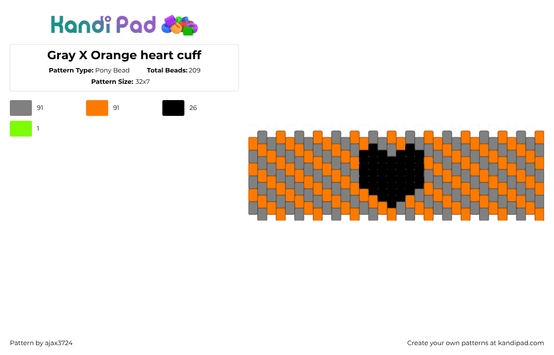 Gray X Orange heart cuff - Pony Bead Pattern by ajax3724 on Kandi Pad - 