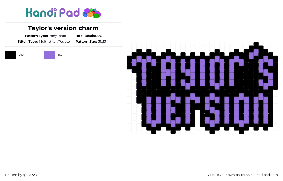 Taylor\'s version charm - Pony Bead Pattern by ajax_3724 on Kandi Pad - black,purple