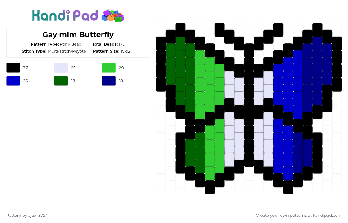 Gay mlm Butterfly - Pony Bead Pattern by ajax_3724 on Kandi Pad - gay,queer,butterfly,insect,mlm,green,blue,white