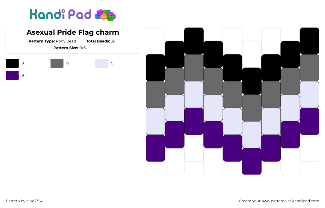 Asexual Pride Flag charm - Pony Bead Pattern by ajax3724 on Kandi Pad - asexual,flag,pride,black,gray,purple