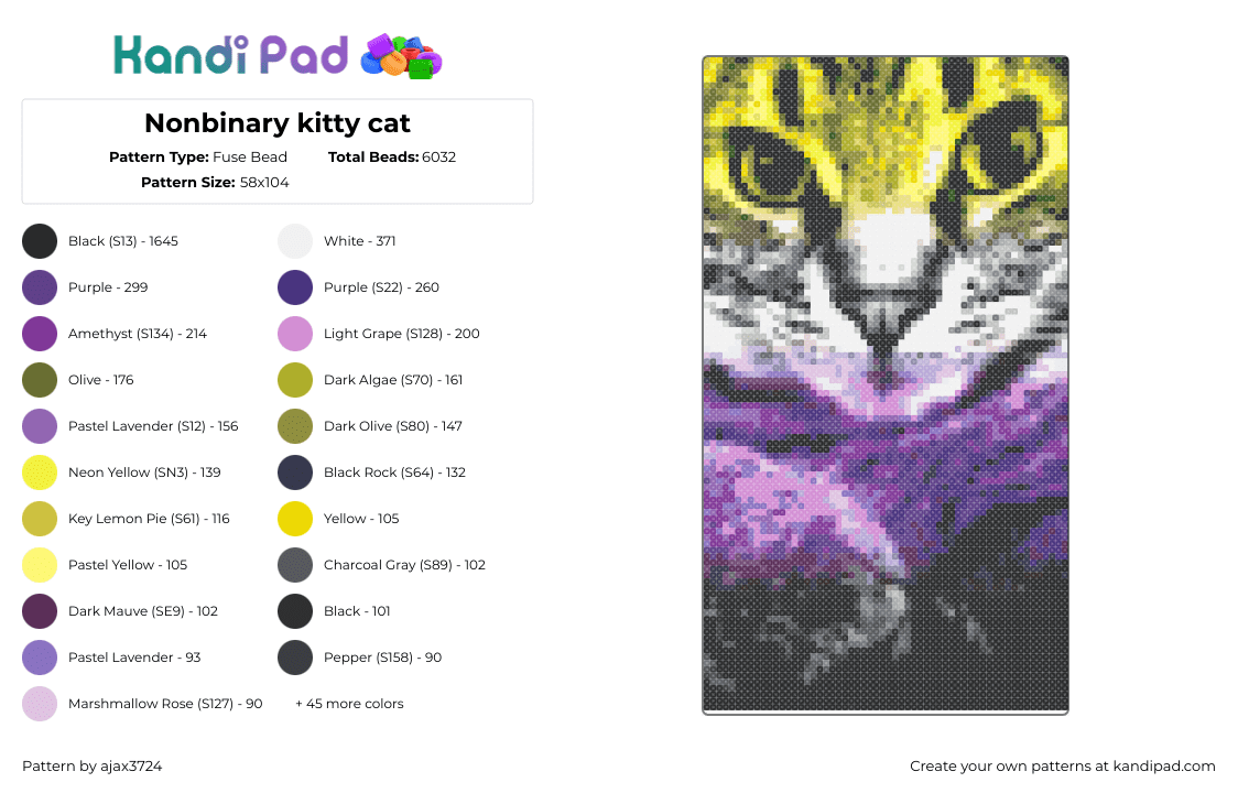 Nonbinary kitty cat - Fuse Bead Pattern by ajax3724 on Kandi Pad - nonbinary,cat,animal,pride,panel,purple,yellow,gray