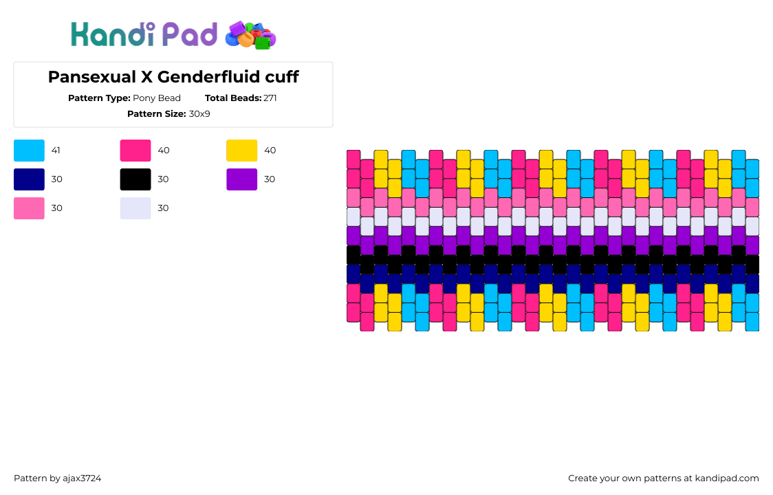 Pansexual X Genderfluid cuff - Pony Bead Pattern by ajax3724 on Kandi Pad - pansexual,genderfluid,pride,cuff,colorful,pink,yellow,light blue,purple