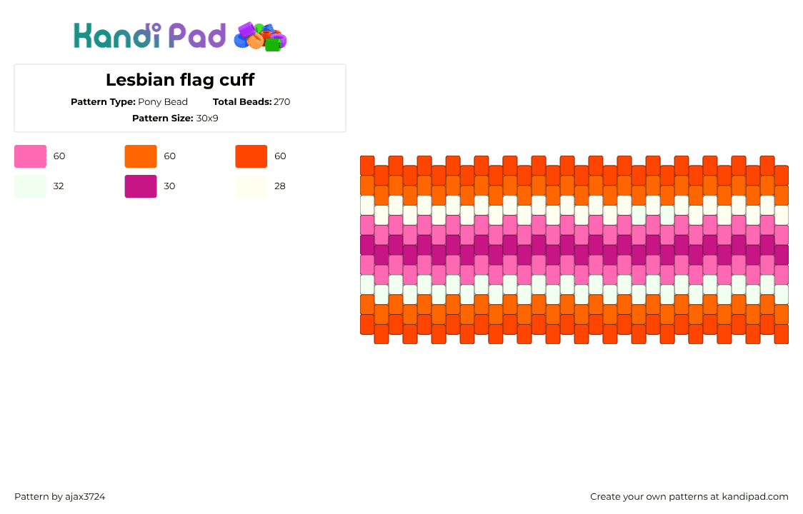 Lesbian flag cuff - Pony Bead Pattern by ajax3724 on Kandi Pad - lesbian,pride,cuff,orange,pink