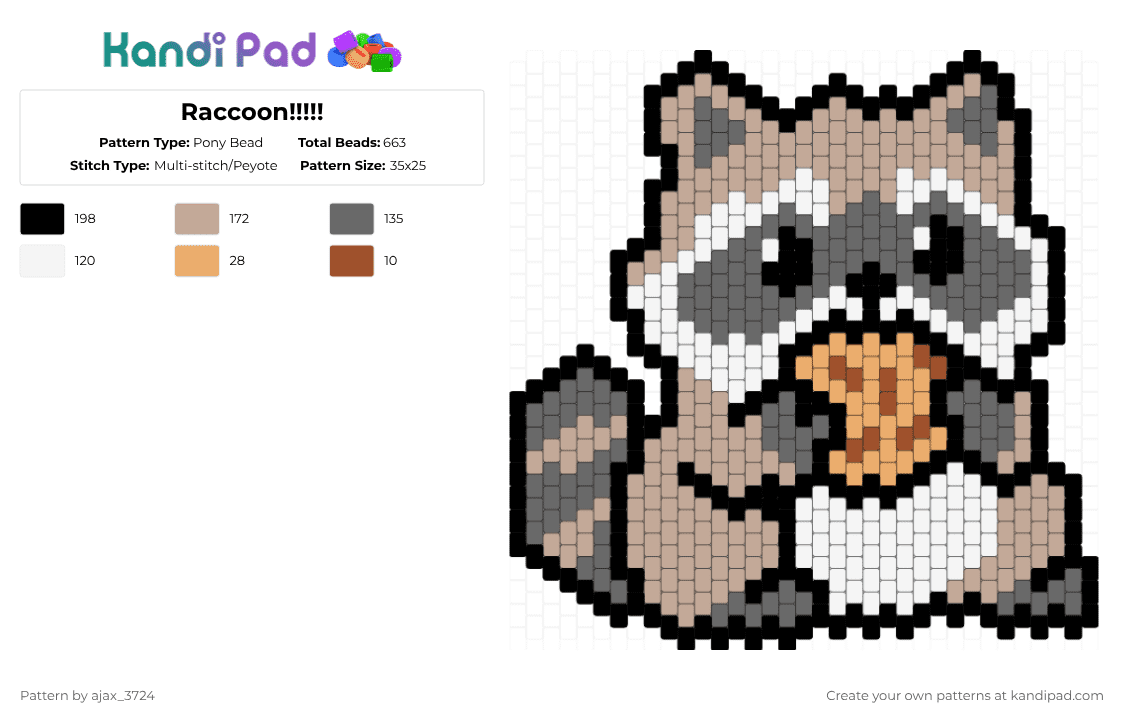 Raccoon!!!!! - Pony Bead Pattern by ajax_3724 on Kandi Pad - gray,beige