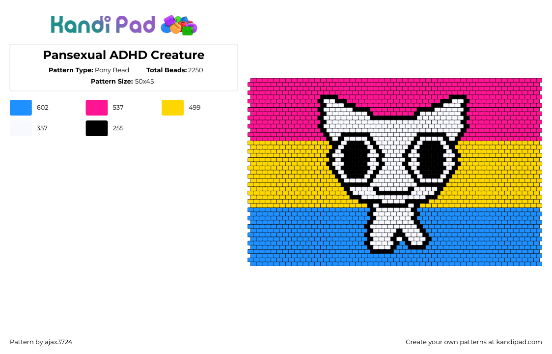 Pansexual ADHD Creature - Pony Bead Pattern by ajax3724 on Kandi Pad - pansexual,adhd,pride,creature,community,flag,pink,yellow,light blue,white