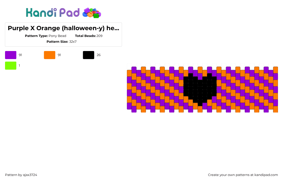 Purple X Orange (halloween-y) heart cuff - Pony Bead Pattern by ajax3724 on Kandi Pad - 