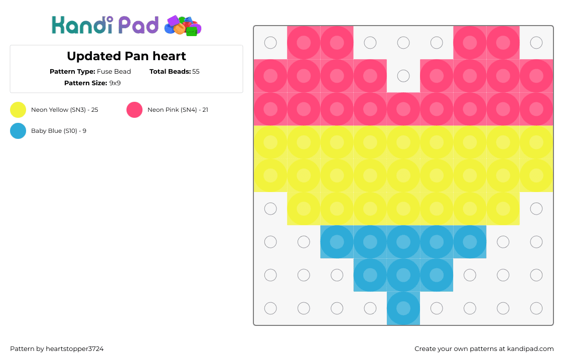 Updated Pan heart - Fuse Bead Pattern by heartstopper3724 on Kandi Pad - pansexual,heart,pride,love,community,bright,pink,yellow,light blue