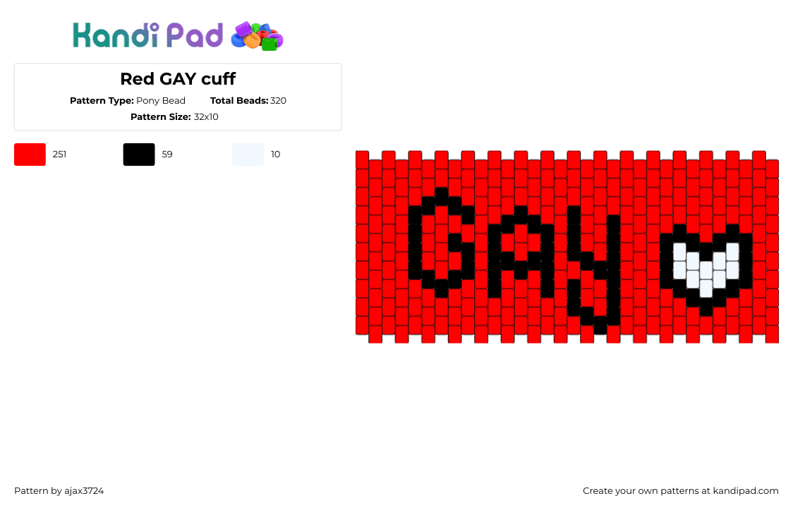 Red GAY cuff - Pony Bead Pattern by ajax3724 on Kandi Pad - gay,text,heart,cuff,red