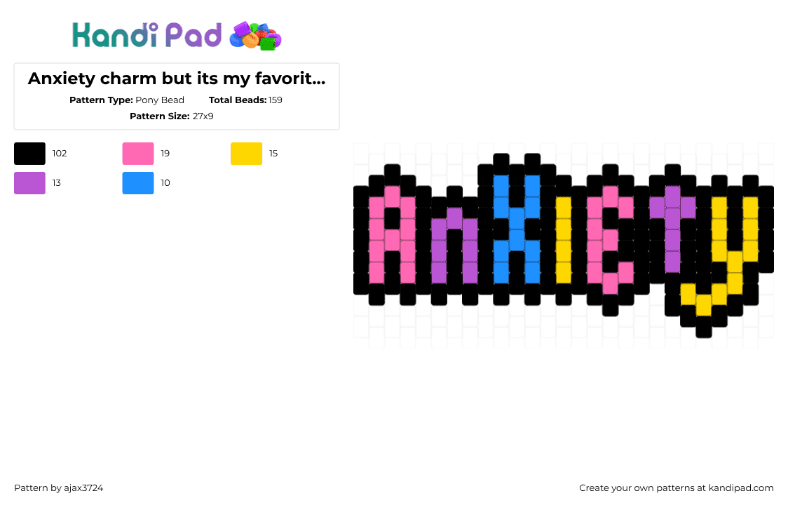Anxiety charm but its my favorite colors - Pony Bead Pattern by ajax_3724 on Kandi Pad - black,pink