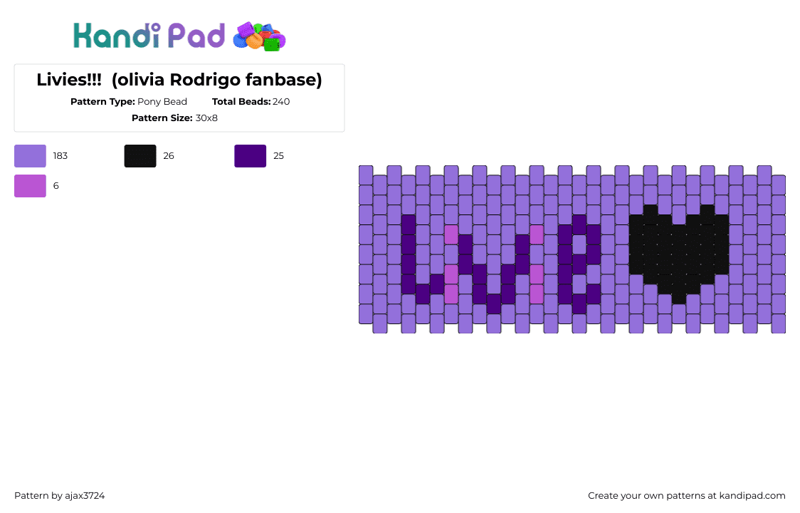 Livies!!!  (olivia Rodrigo fanbase) - Pony Bead Pattern by ajax3724 on Kandi Pad - livie,olivia rodrigo,text,music,love,cuff,purple