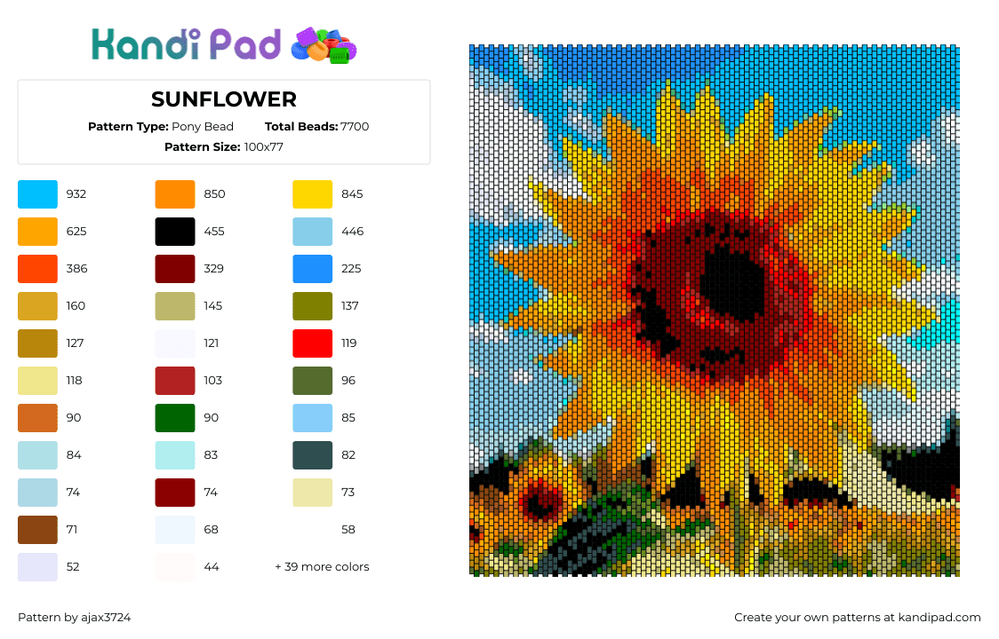 SUNFLOWER - Pony Bead Pattern by ajax3724 on Kandi Pad - sunflower,summer,nature,panel,blue,yellow,orange