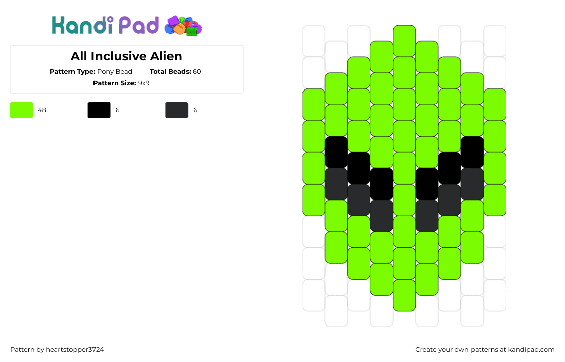 Alien!!!!!! THEY HAVE LANDED Y\'ALL - Pony Bead Pattern by heartstopper3724 on Kandi Pad - alien,extraterrestrial,head,simple,green,black