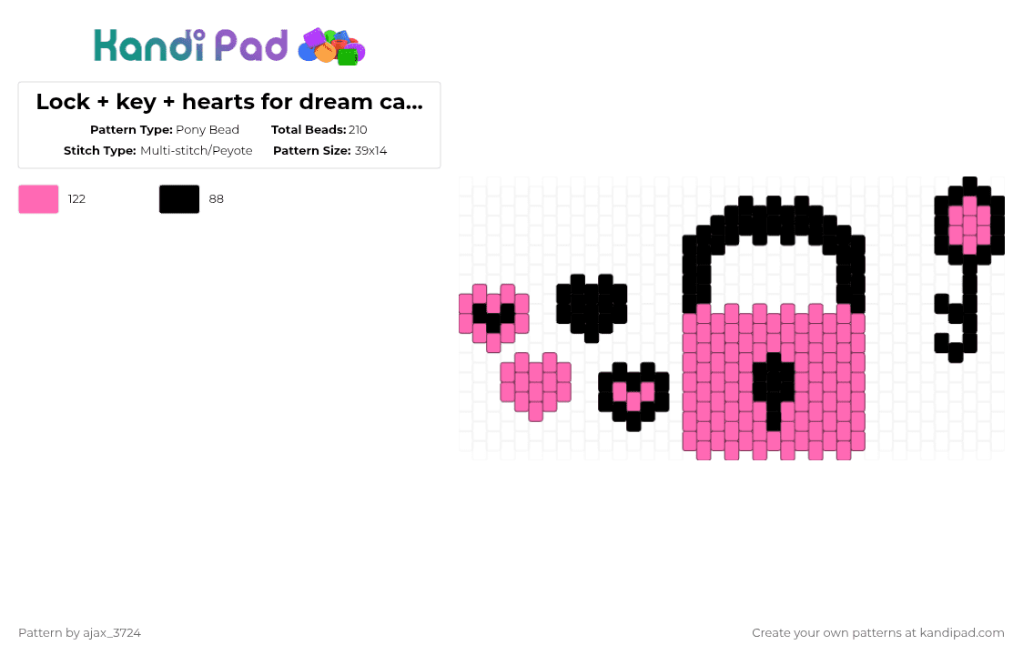 Lock + key + hearts for dream catcher project - Pony Bead Pattern by ajax_3724 on Kandi Pad - pink,black