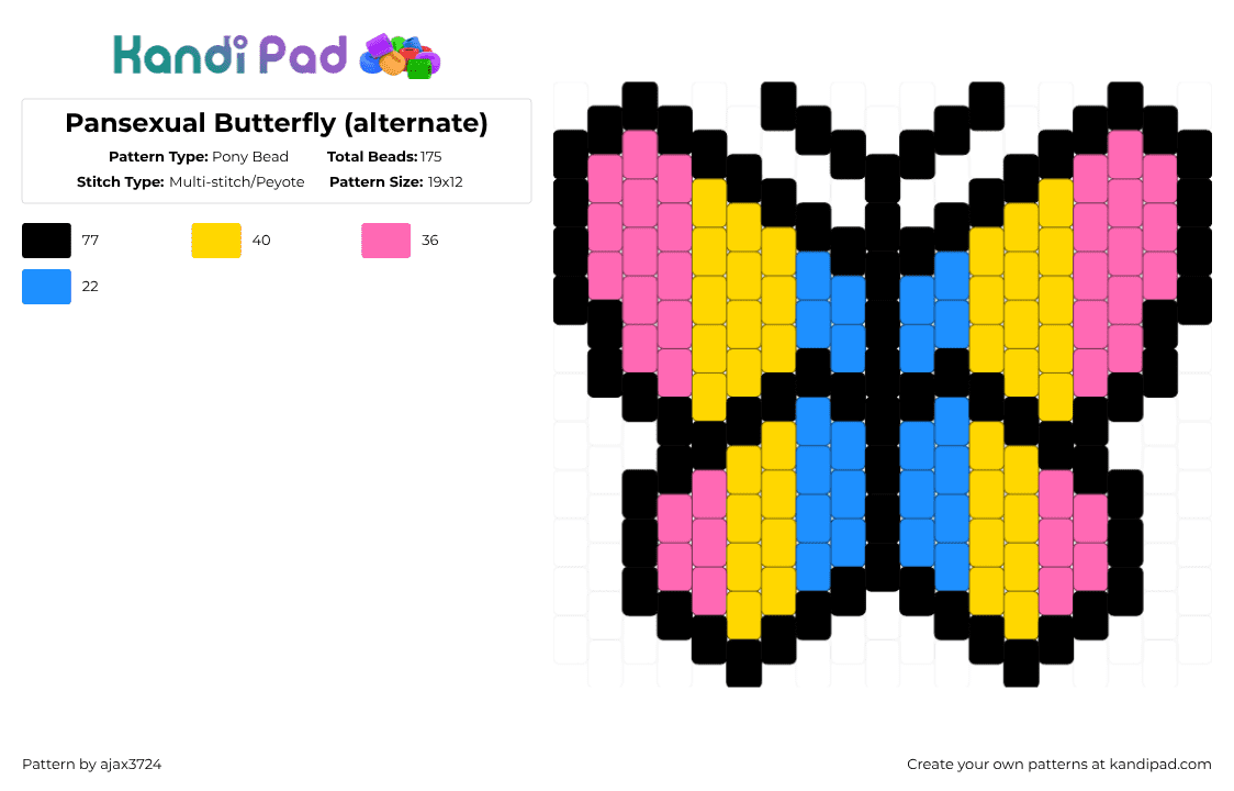 Pansexual Butterfly (alternate) - Pony Bead Pattern by ajax_3724 on Kandi Pad - pink,yellow