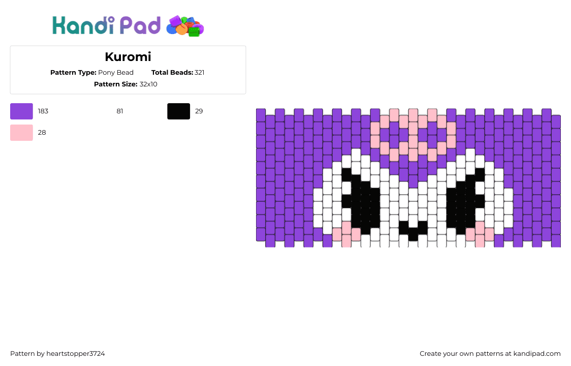 Kuromi - Pony Bead Pattern by heartstopper3724 on Kandi Pad - kuromi,sanrio,face,character,kawaii,cuff,purple,white