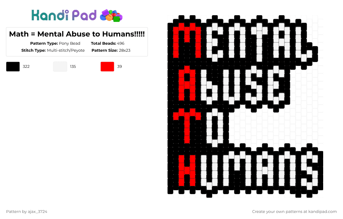 Math = Mental Abuse to Humans!!!!! - Pony Bead Pattern by ajax_3724 on Kandi Pad - black,white
