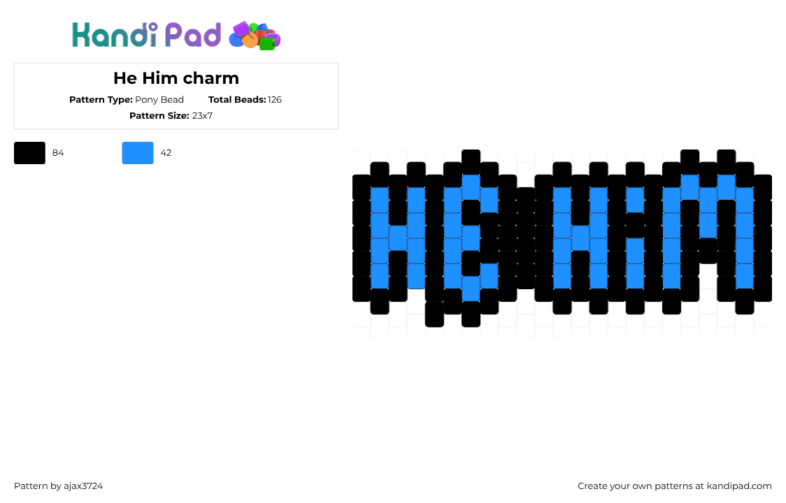 He Him charm - Pony Bead Pattern by ajax_3724 on Kandi Pad - light blue,black