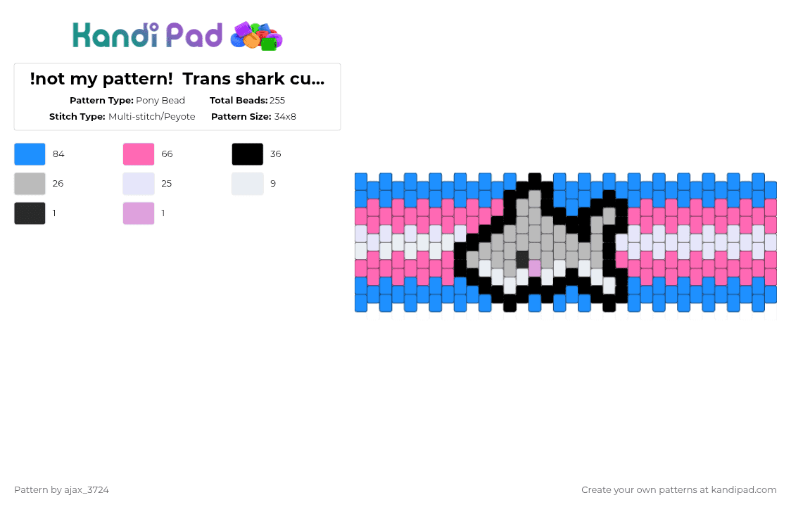 !not my pattern!  Trans shark cuff!!! - Pony Bead Pattern by ajax_3724 on Kandi Pad - pink,light blue,trans,shark,cuff,cute,animal