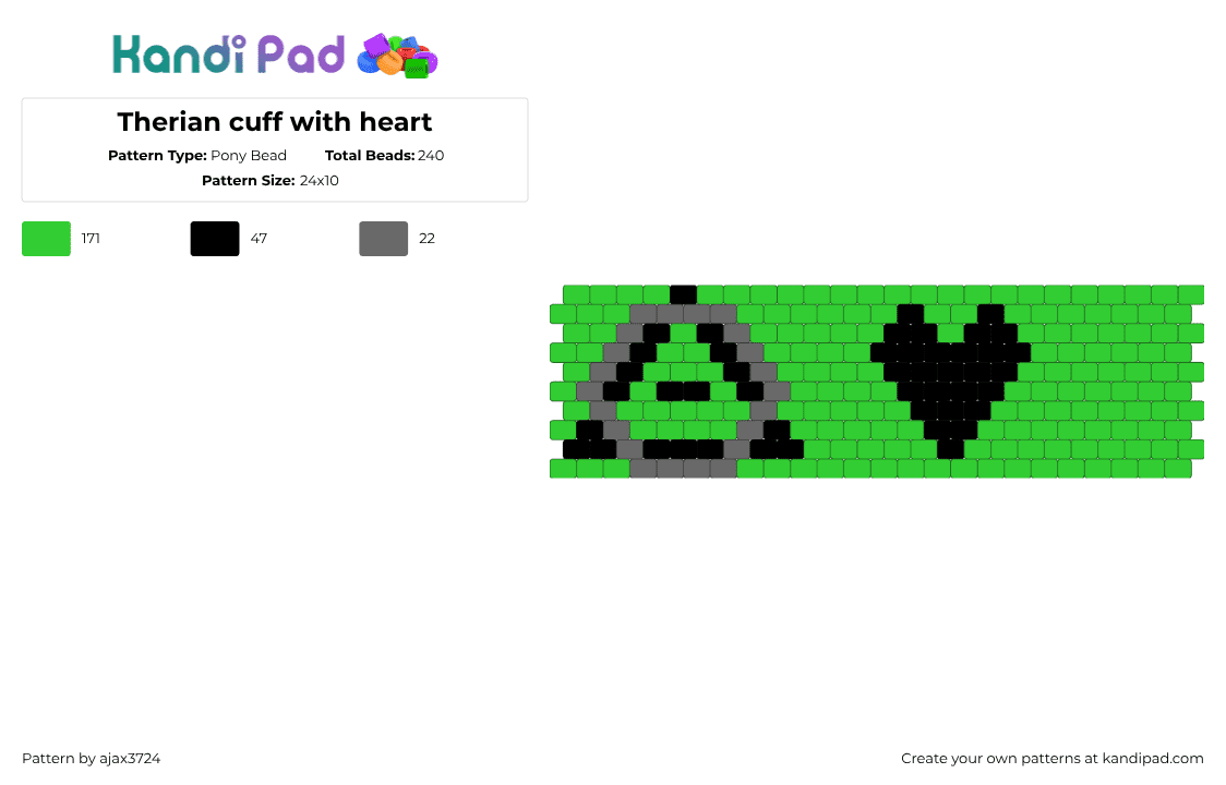 Therian cuff with heart - Pony Bead Pattern by ajax_3724 on Kandi Pad - green