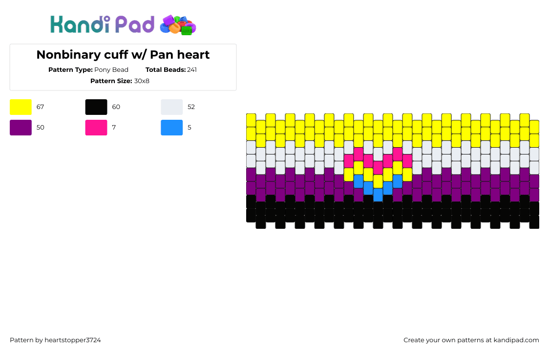 Nonbinary cuff w/ Pan heart - Pony Bead Pattern by ajax3724 on Kandi Pad - nonbinary,pansexual,pride,community,support,cuff,heart,yellow,purple