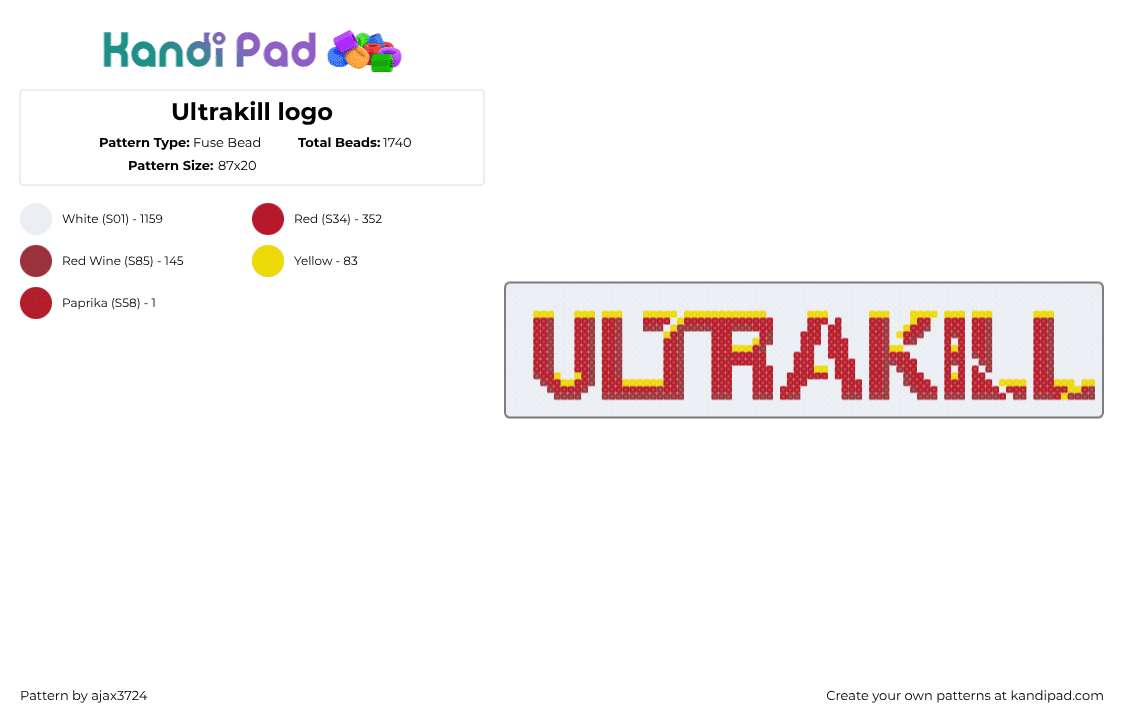 Ultrakill logo - Fuse Bead Pattern by ajax_3724 on Kandi Pad - white,red