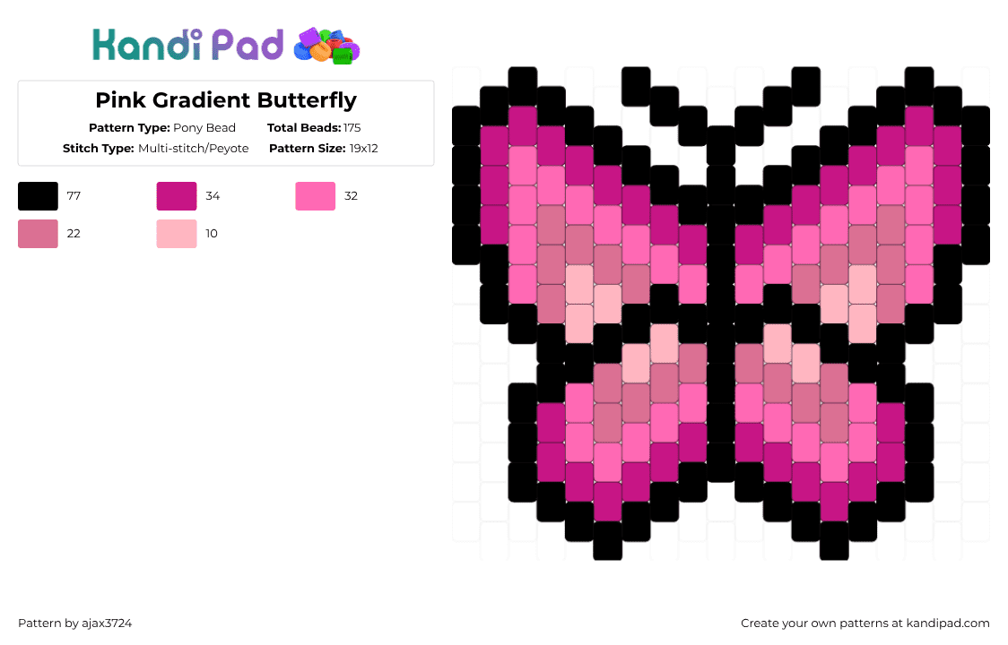 Pink Gradient Butterfly - Pony Bead Pattern by ajax_3724 on Kandi Pad - pink,black