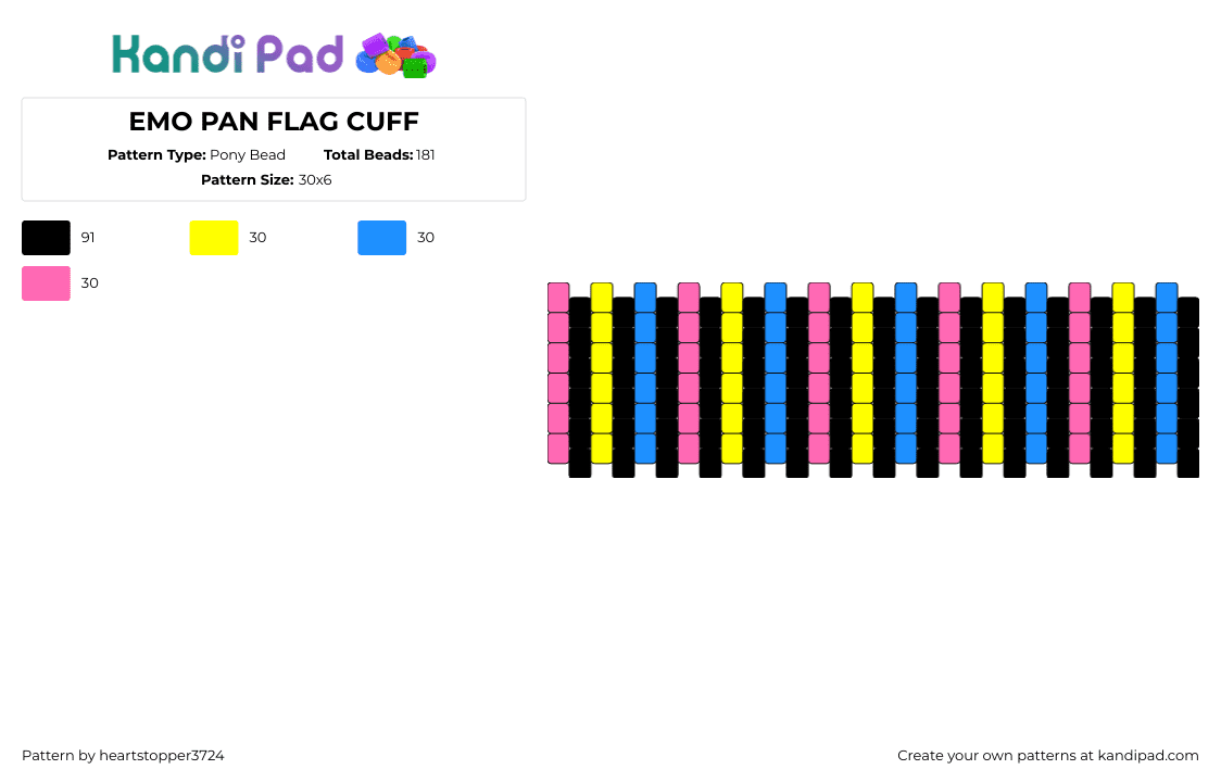 EMO PAN FLAG CUFF - Pony Bead Pattern by heartstopper3724 on Kandi Pad - pansexual,pride,emo,vertical,stripes,cuff,black,pink,blue,yellow