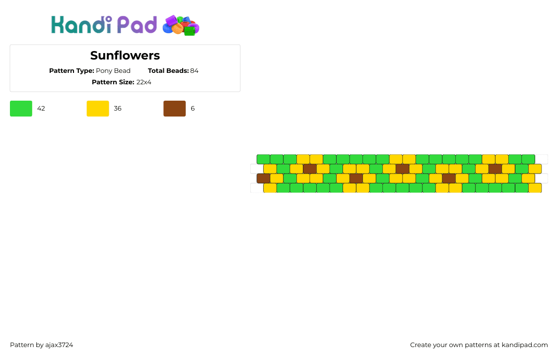 Sunflowers - Pony Bead Pattern by ajax3724 on Kandi Pad - sunflowers,summer,nature,repeating,bracelet,cuff,bright,green,yellow