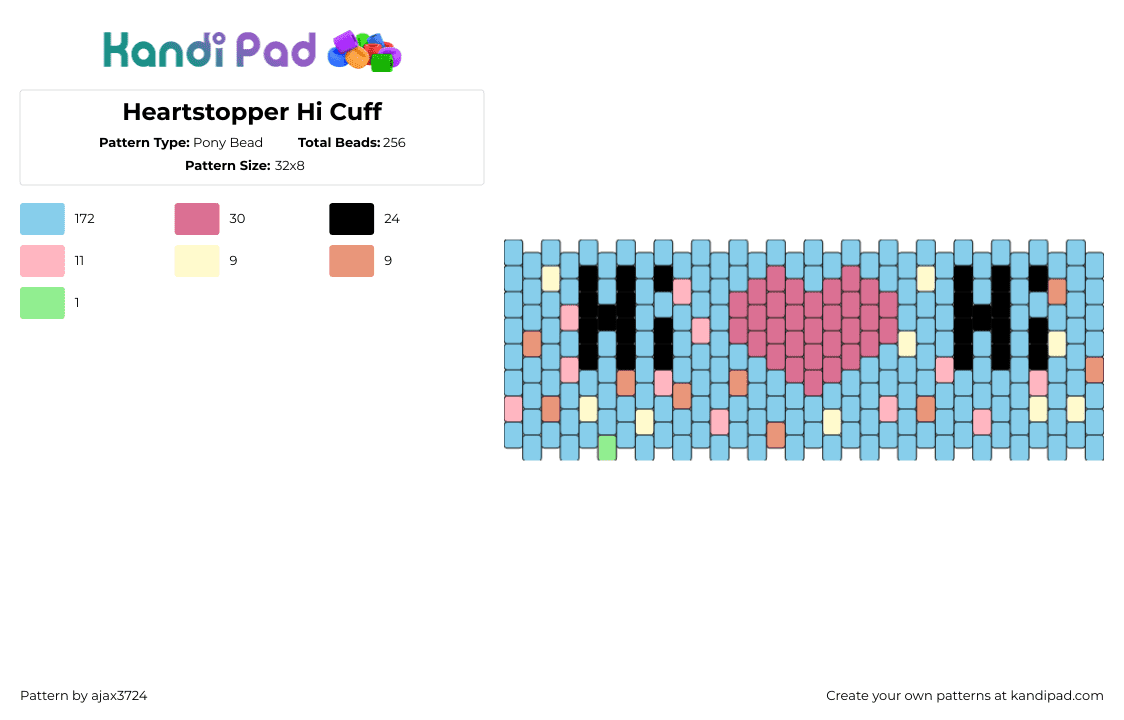 Heartstopper Hi Cuff - Pony Bead Pattern by ajax3724 on Kandi Pad - heartstopper,heart,hi,text,love,cuff,confetti,light blue,pink