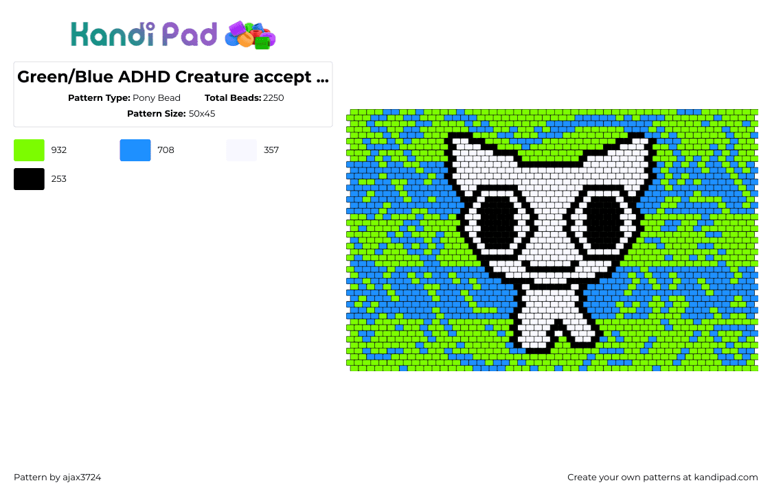 Green/Blue ADHD Creature accept it glitched (aka my ADHD took over) - Pony Bead Pattern by ajax3724 on Kandi Pad - adhd,random,creature,panel,white,blue,green