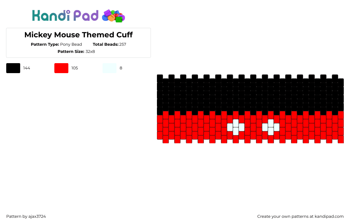 Mickey Mouse Themed Cuff - Pony Bead Pattern by ajax3724 on Kandi Pad - mickey mouse,disney,pants,cuff,black,red