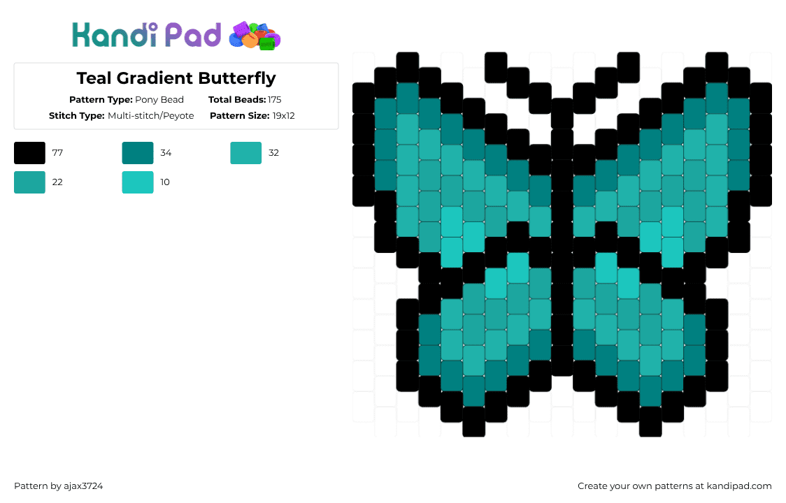 Teal Gradient Butterfly - Pony Bead Pattern by ajax_3724 on Kandi Pad - teal,black
