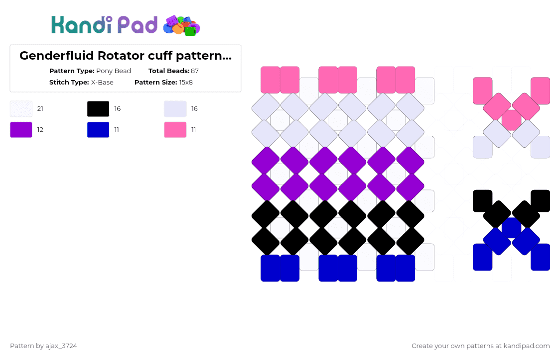 Genderfluid Rotator cuff pattern (for tut) - Pony Bead Pattern by ajax_05072 on Kandi Pad - purple,pink,pride,genderfluid,x base,white,black,blue