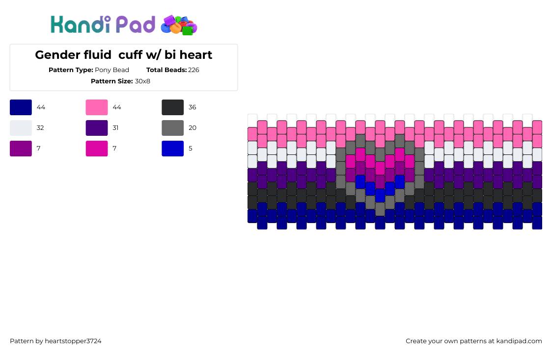 Gender fluid  cuff w/ bi heart - Pony Bead Pattern by ajax3724 on Kandi Pad - genderfluid,bisexual,pride,heart,cuff,community,support,pink,purple,blue