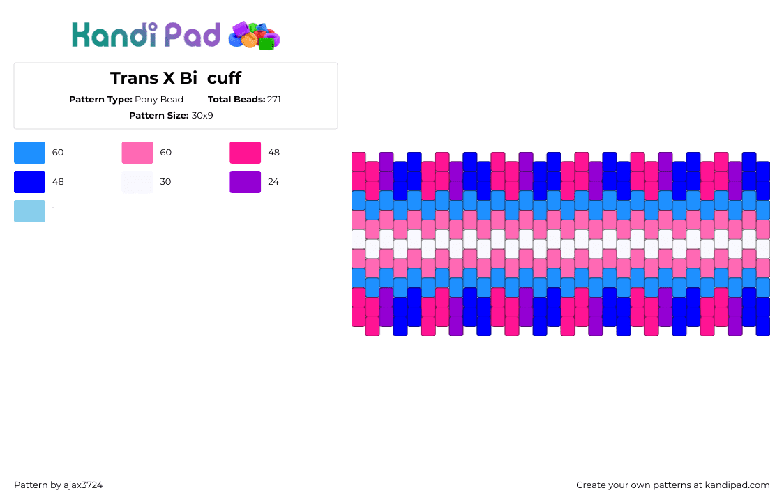 Trans X Bi  cuff - Pony Bead Pattern by ajax3724 on Kandi Pad - trans,bisexual,pride,cuff,pink,blue,light blue